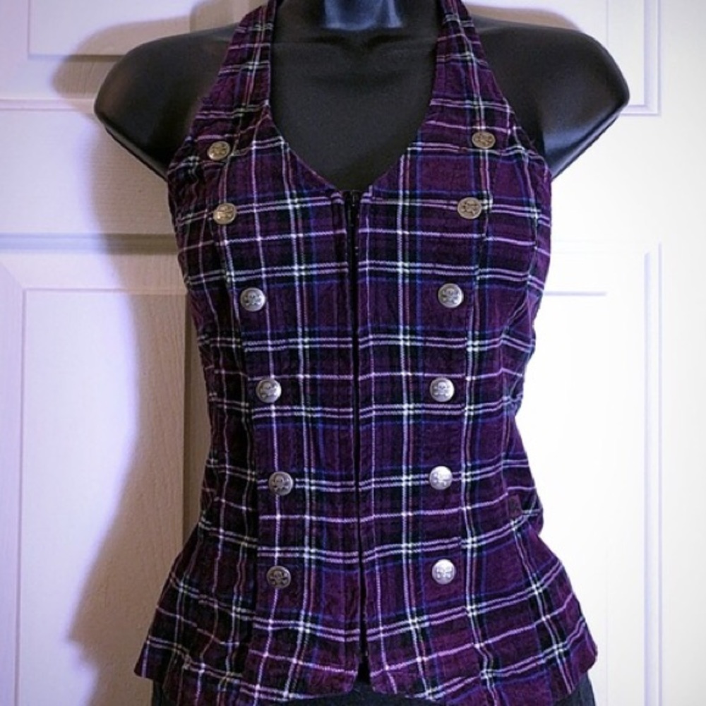 Tripp Purple plaid zip halter top